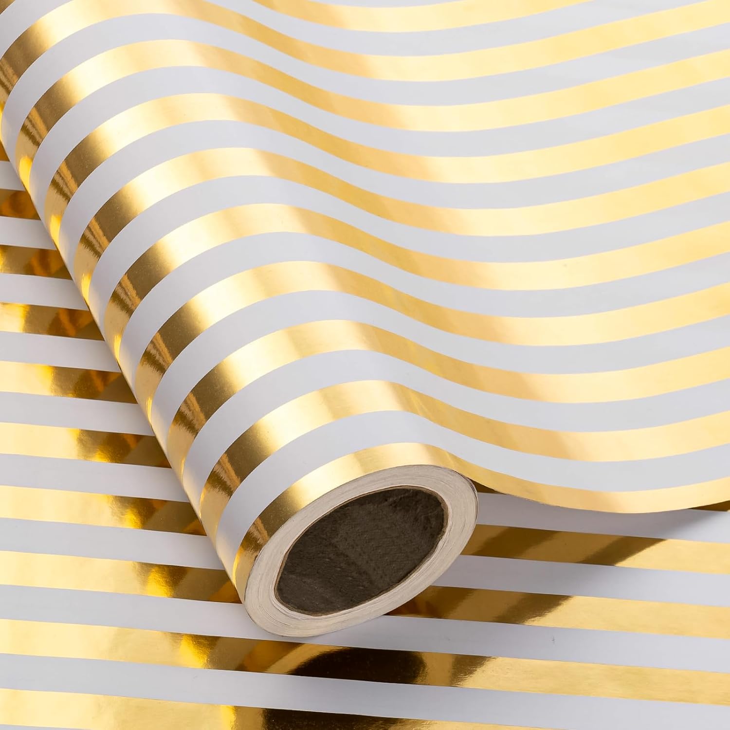 Stripe Wrapping Paper Roll - Mini Roll - 17 Inch X 9.8 Feet - Stripe With Gold Foil Wrapping Paper For Birthday, Baby Shower, Wedding, Bridal Shower