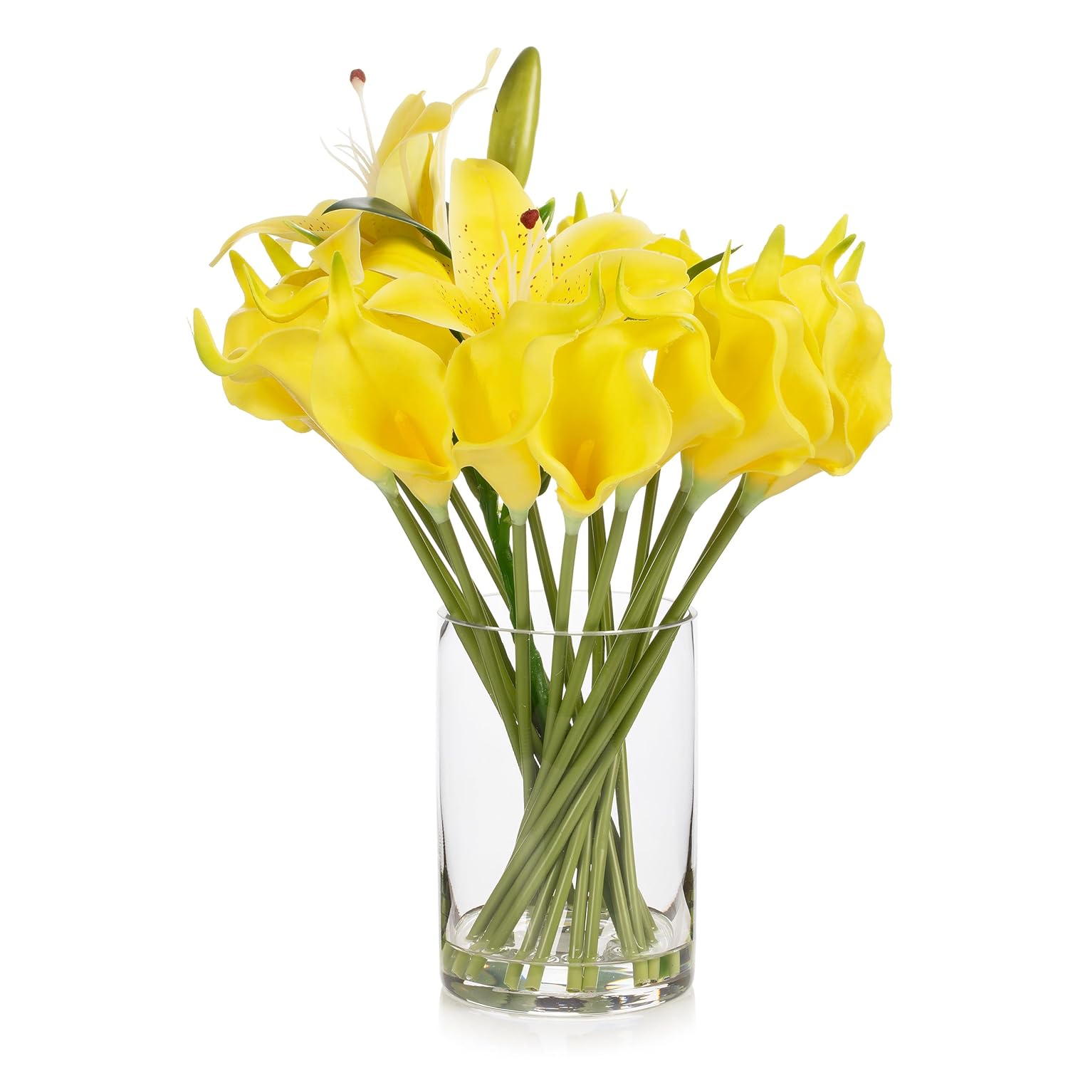 Real Touch Lilies Artificial Flowers With Vase, Faux Flowers Arrangement In Vase With Faux Water For Dining Table Decor, Wedding Centerpieces (Yellow)
