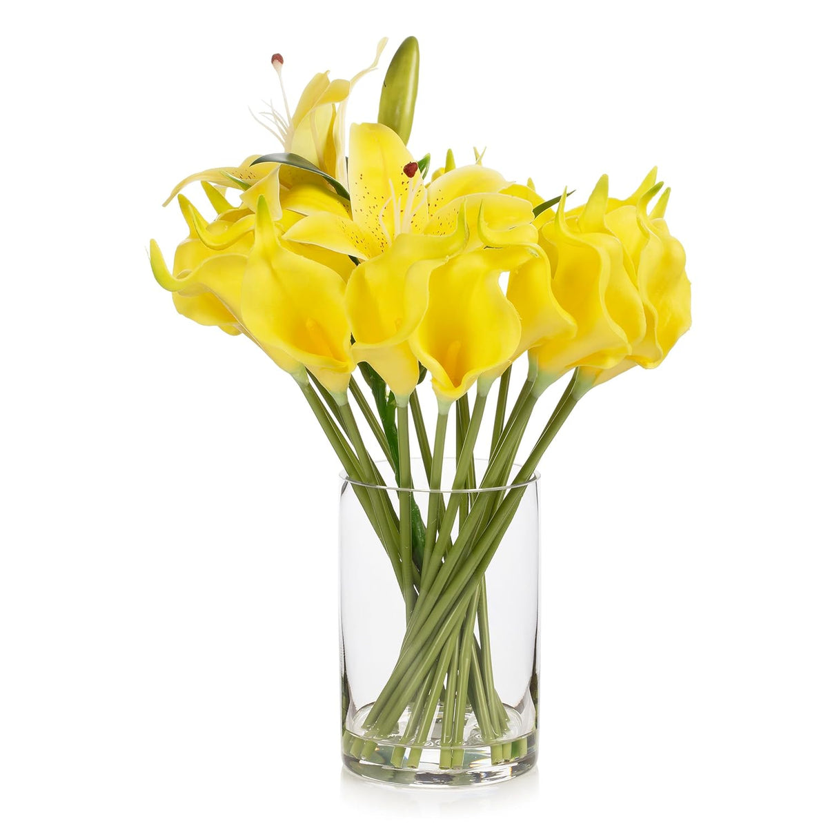Real Touch Lilies Artificial Flowers With Vase, Faux Flowers Arrangement In Vase With Faux Water For Dining Table Decor, Wedding Centerpieces (Yellow)