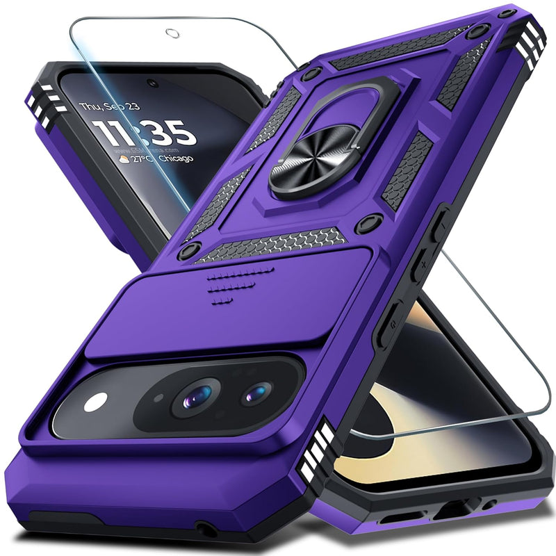 Pixel 9/9 Pro Case, Slide Lens Cover, Screen Protector, Ring Kickstand, Purple