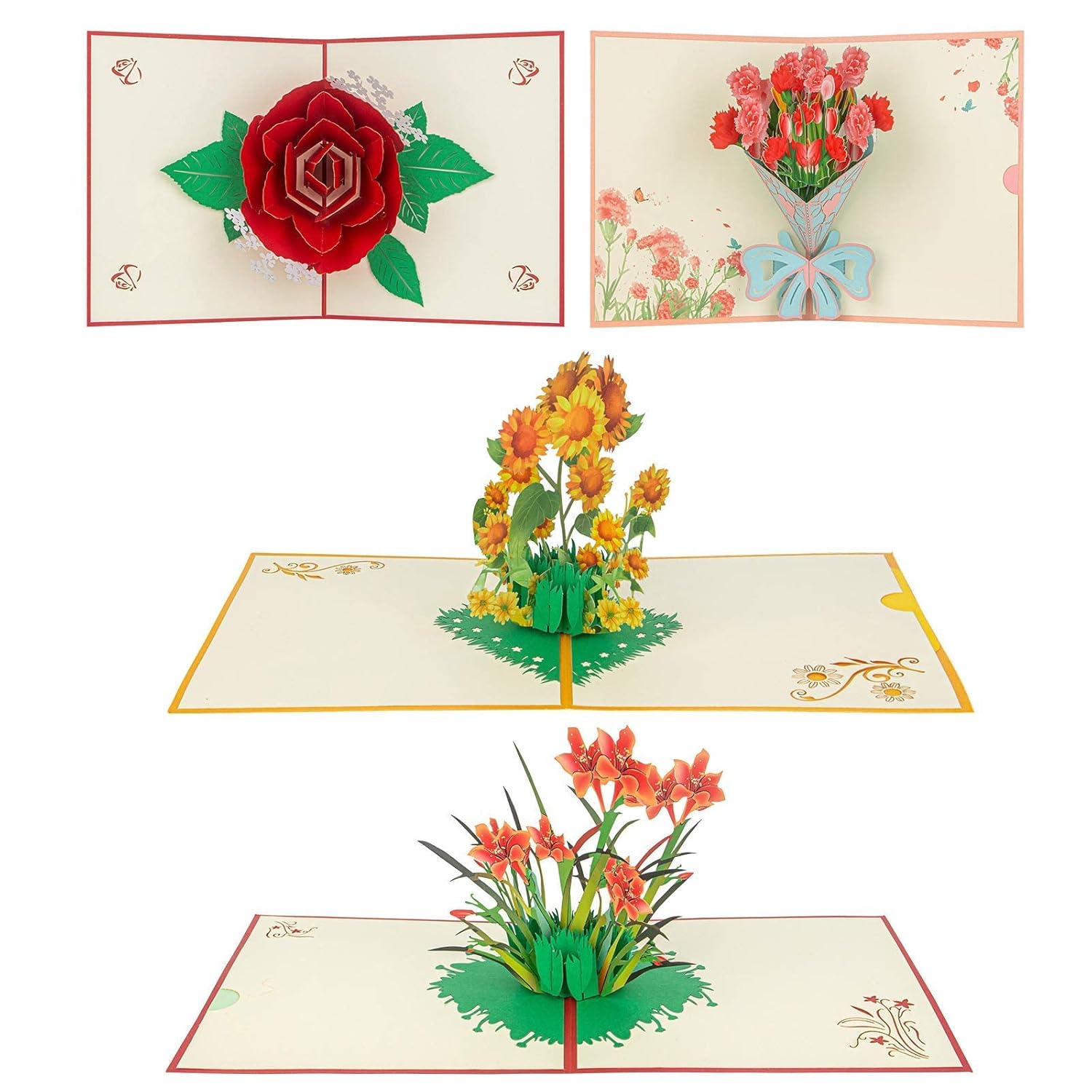 Pop Up Card, Mother'S Day Cards, 4 Pieces Flower 3D Greetings Card, Thank You Card With Envelope Moms Cards For Valentine'S Day Mother'S Day Thanksgiving Day Birthday Anniversary Wedding
