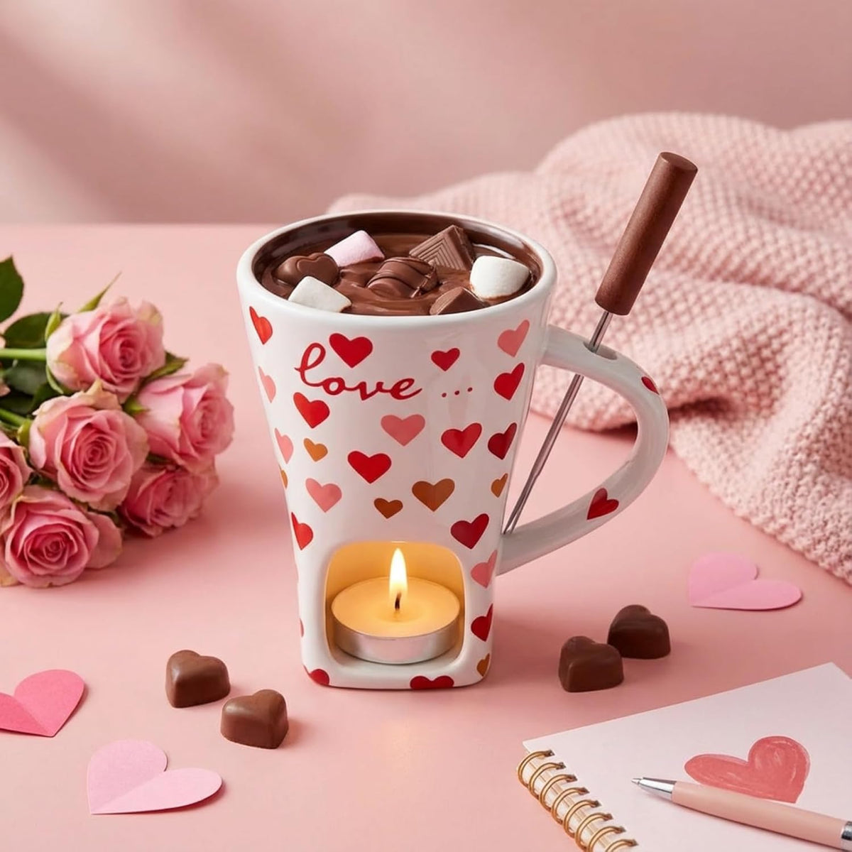 Valentines Chocolate Fondue Mug With Fork And 3 Candle Sweet Ceramic Personal Chocolate Melting Cup Ideal Couple Mom Gifts Birthday Date Night Birthday Wedding Gifts(White, Heart)
