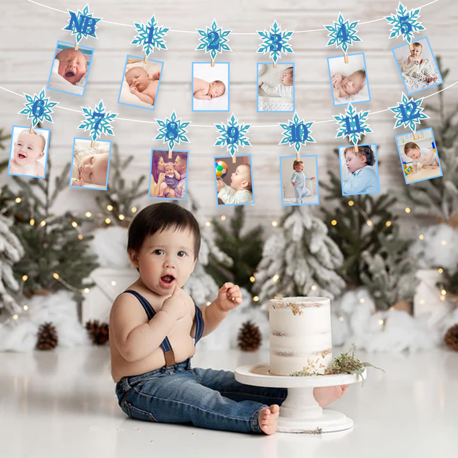 Snowflake 1St Birthday Photo Banner For Boy From Newborn To 12 Months, Winter Wonderland Monthly Milestones Bunting Garland For Christmas First Birthday Party Decoration (Blue)
