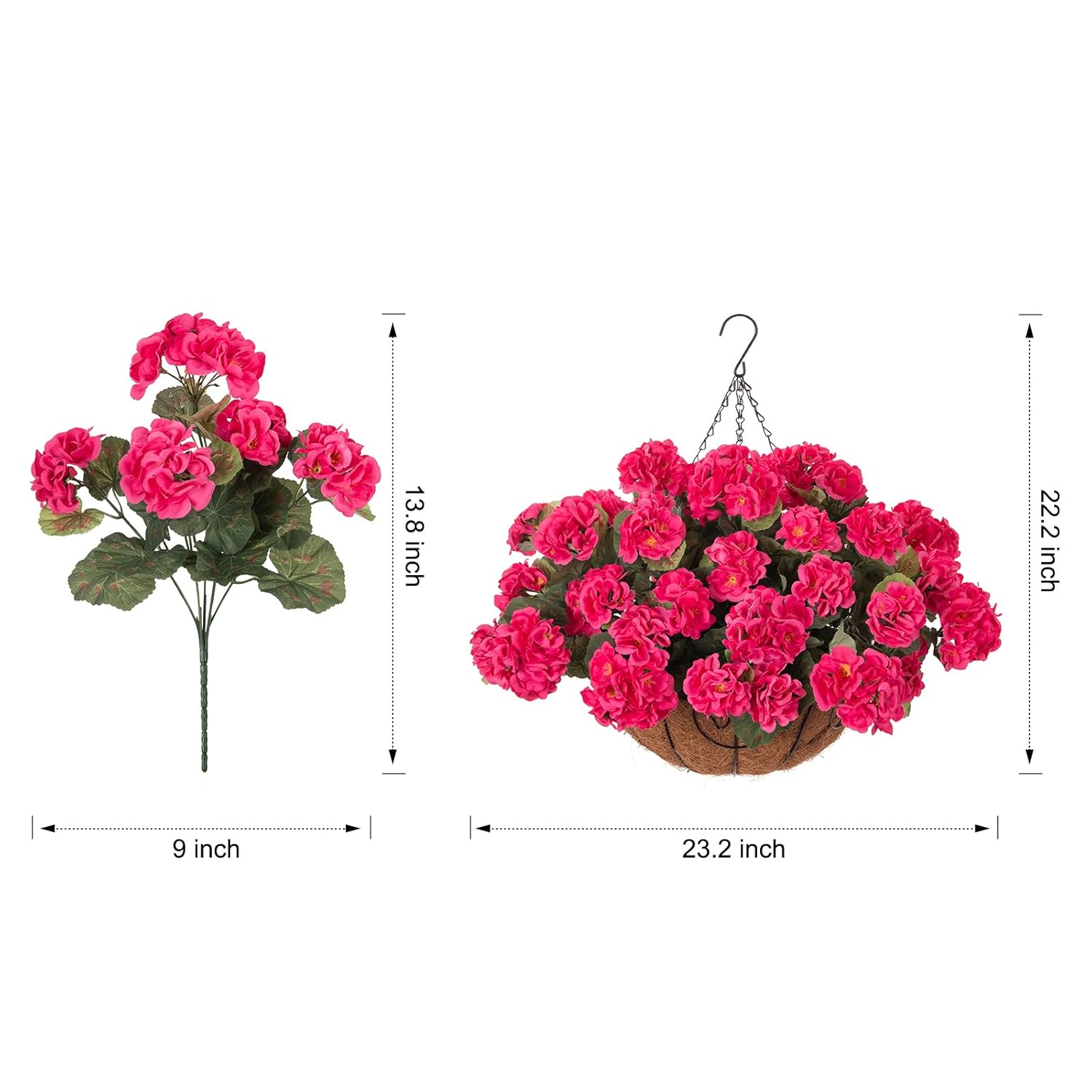 Geraniums Artificial Flowers Hanging Basket For Outdoors Outside Spring Decoration, 8 Bundles Silk Flowers Fake Plants Look Real Uv Resistant For Porch Home Patio Balcony Yard, Hotpink