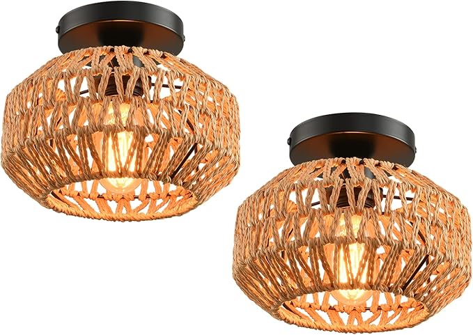 2 Pack Mini Rattan Boho Ceiling Lights Farmhouse Semi Flush Mount Fixtures