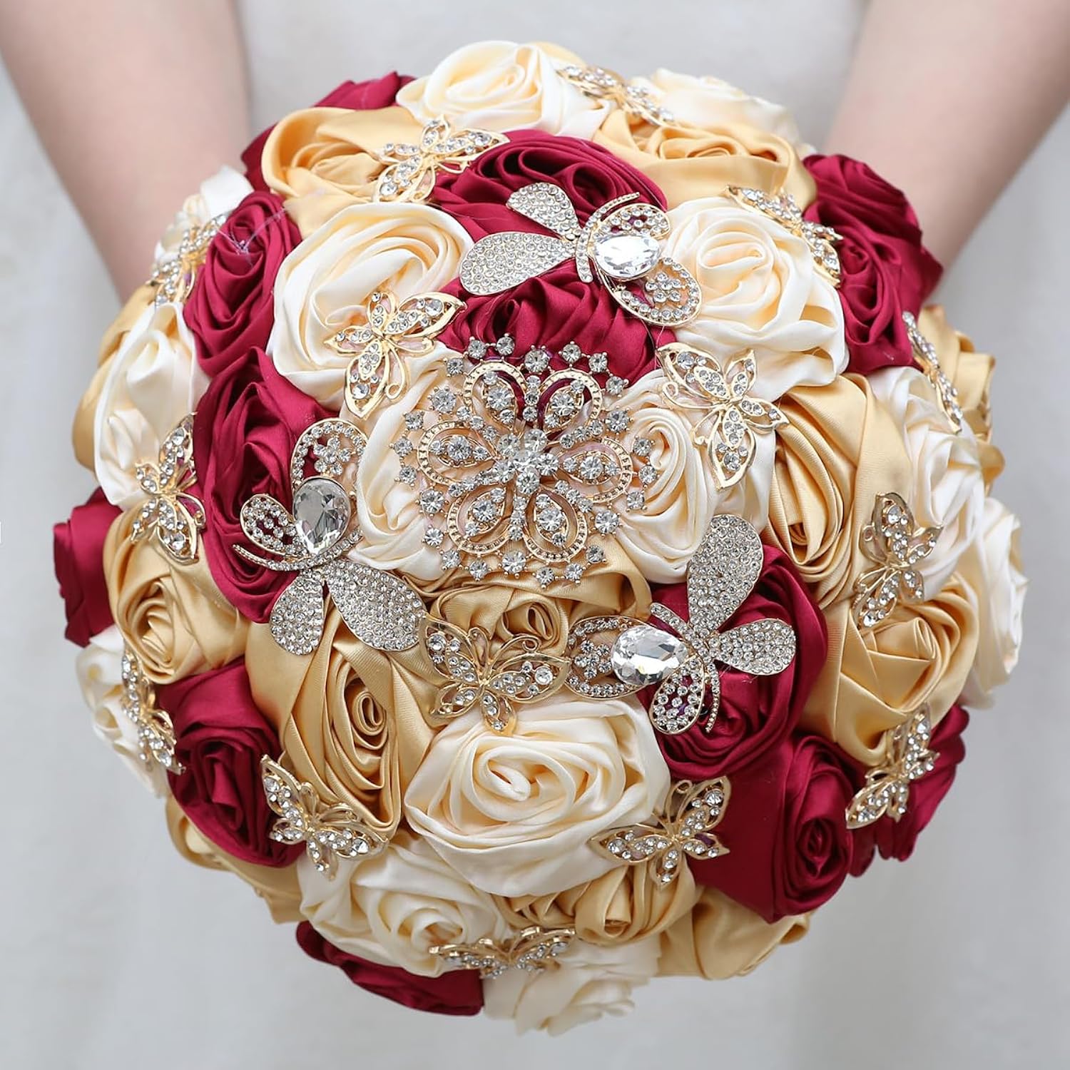 Handmade Floral Satin Rose Butterfly Shape Rhinestone Bridal Bouquet Luxury Golden Rhinestone Artificial Flowers For Wedding
