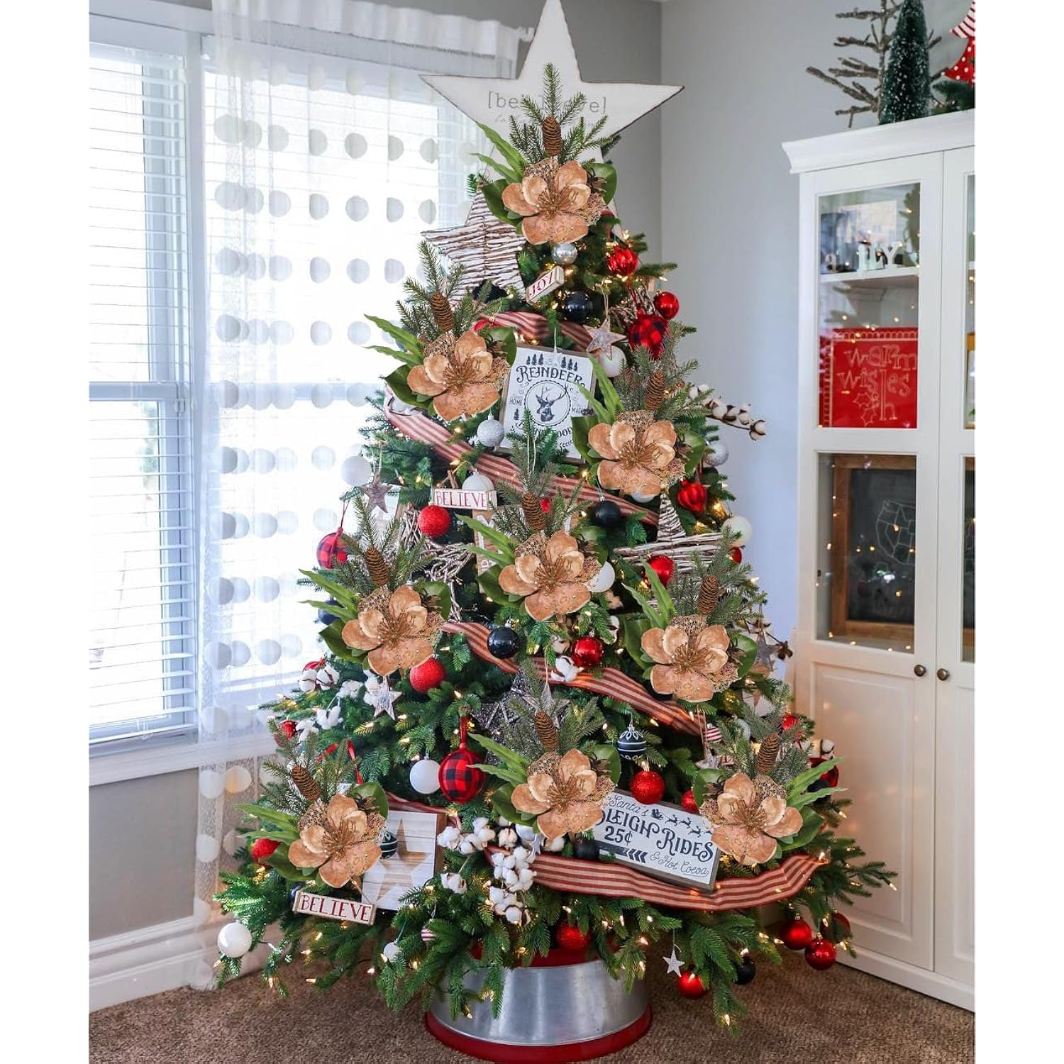 2 Pack 18.9In Christmas Magnolia Flower Picks, Artificial Magnolia Flower Spray With Pinecones For Xmas Tree Vase Floral Arrangements Wreath Decor