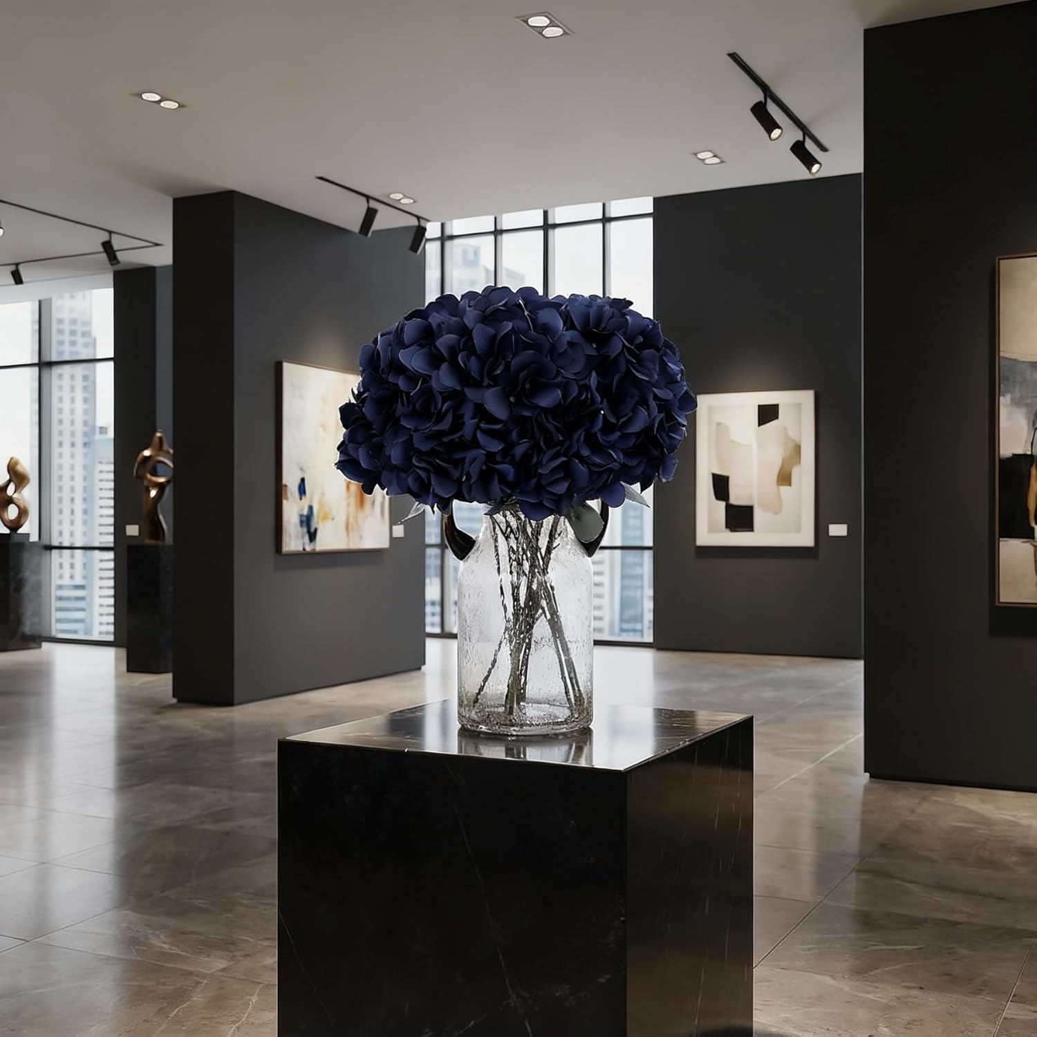 2Bouquets Artificial Fake Flowers Silk Hydrangea Arrangements Wedding Bouquets Decorations Plastic Floral Home Kitchen Garden Party Festival Bar Diy (Navy Blue)