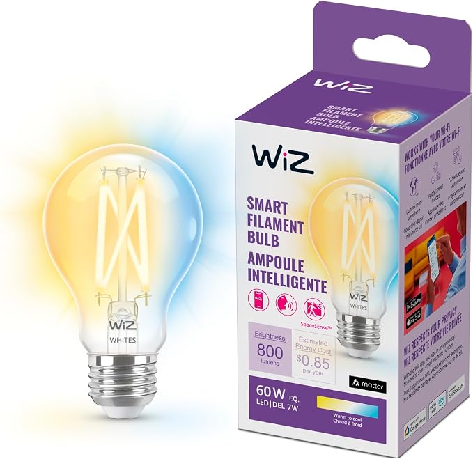 60W A19 Tunable White Filament LED Smart Bulb E26 Matter Compatible 1 Pack