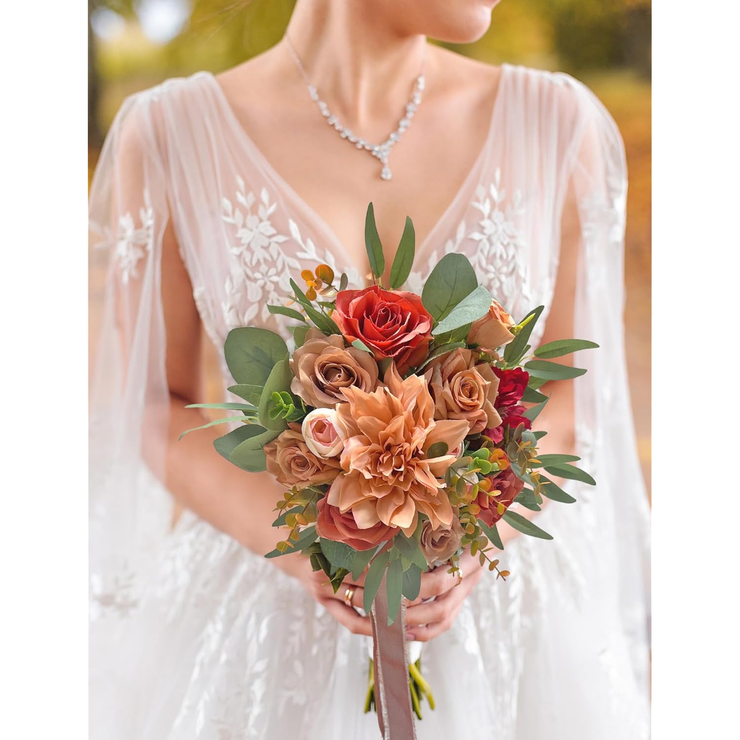 Burnt Orange Wedding Bouquets For Bride, Artificial Flowers Terracotta Bouquet For Rustic Wedding Ceremony And Anniversary