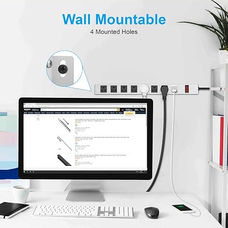 Heavy Duty Metal Surge Protector Power Strip 8 Outlets 6FT 14AWG Extension Cord Wall Mount White