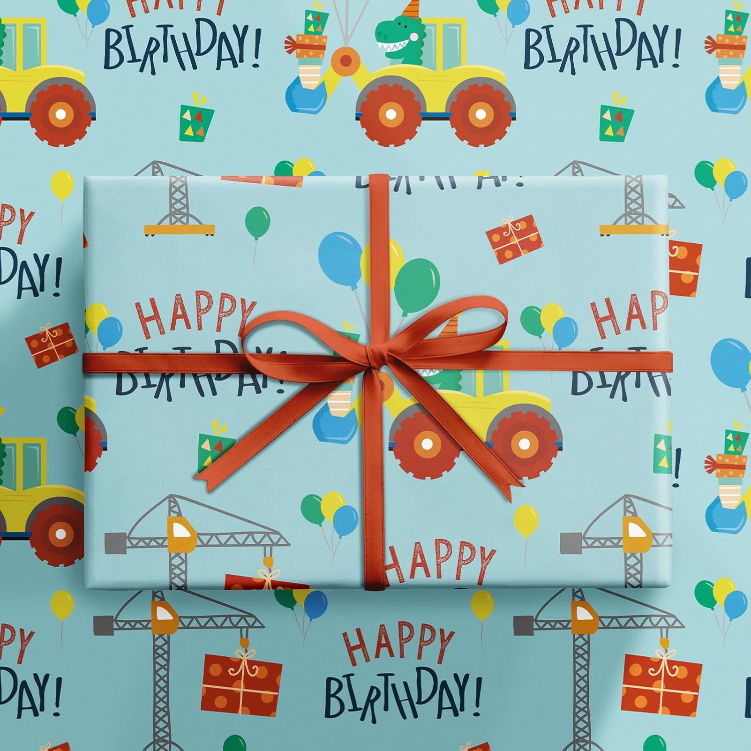 Birthday Wrapping Paper For Kids Boys, Mini Roll, Blue Dinosaur Truck With Balloons Happy Birthday Design Gift Wrap Paper Perfect For Boys' Party Gifts, 17 Inches X 16.4 Feet