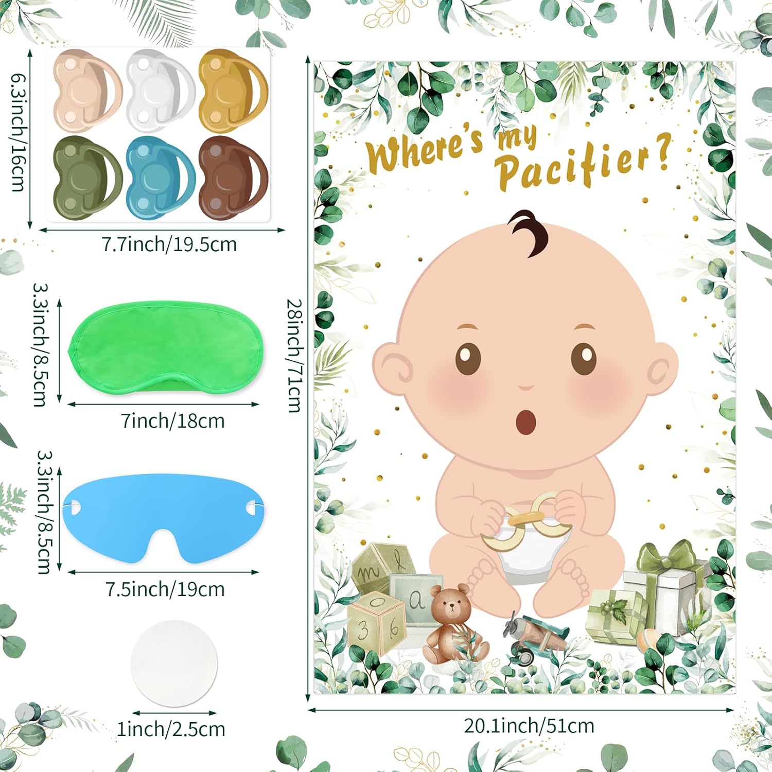 Baby Shower Games Pin The Pacifier On The Baby Game With 36 Pacifier Stickers, Large Green Baby Poster Games For Baby Shower Party Kids Birthday Party Supplies