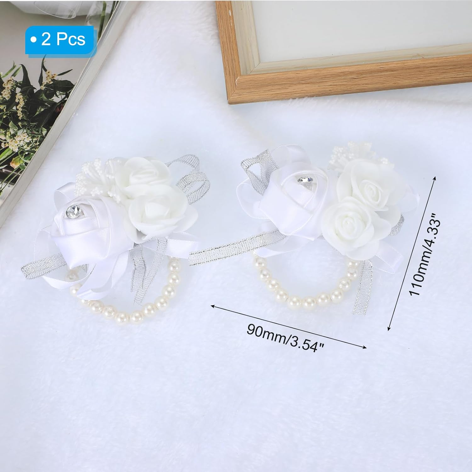 Wrist Corsage, 2 Pcs Wedding Bridal Bridesmaid Mother Of Bride And Groom Silk Rose Wrist Pearls Flowers Ceremony Anniversary Dinner Party Homecoming, White