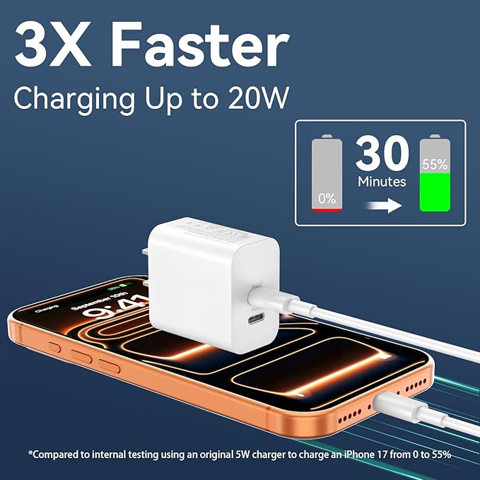 20W USB C Fast Charger with 10FT USB C Charging Cable for iPhone 17 16 15 iPad Android Phone