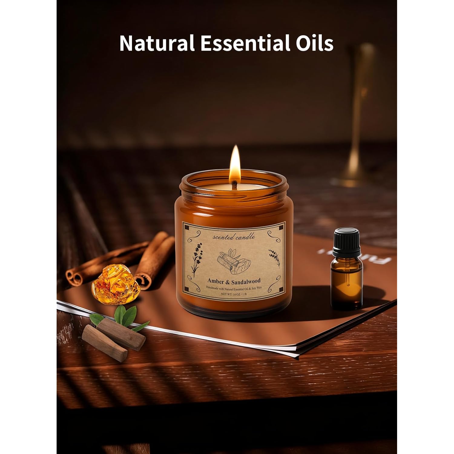 Scented Candles, 16Oz Large Jar Soy Wax Candle – Amber & Sandalwood With Premium Plant Wax Blend For Consistent Burn, Aromatherapy Candle For Home Scented, Relaxation And Gift For Women/Men