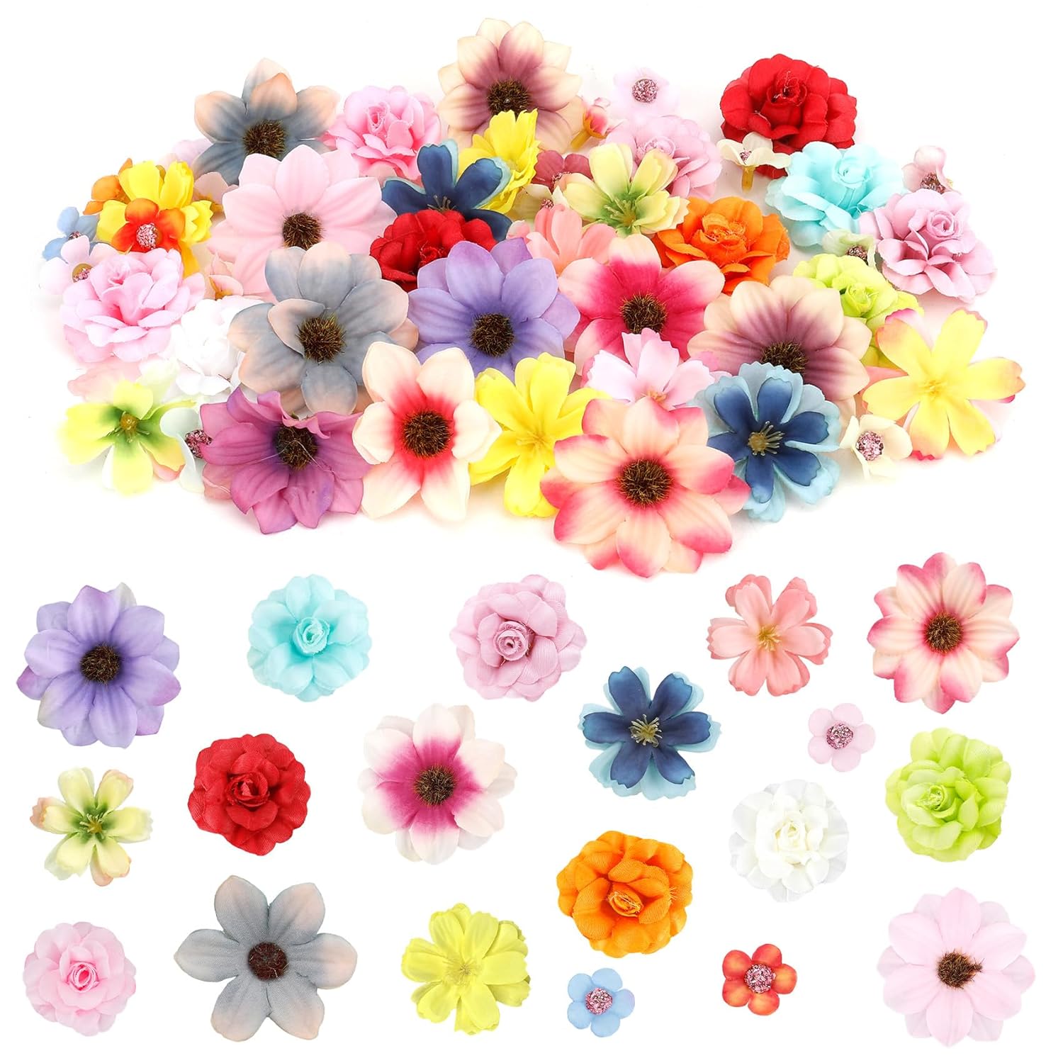 Faux Flower Heads Flowers For Crafts Mini Artificial Flower Heads Bulk Silk Fake Flower Heads Fake Peony Daisy Rose Small Fabric Flowers For Diy Crafts Garland Wedding Home Party Decoration, Coloful