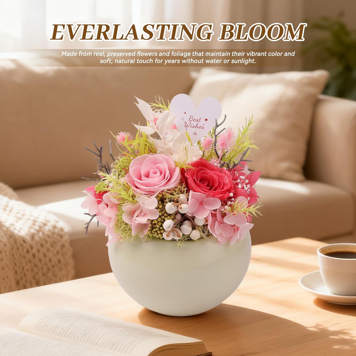 Preserved Flowers Arrangement In Mini Ceramic Vase Real Touch Forever Roses Gifts For Women (Pink)
