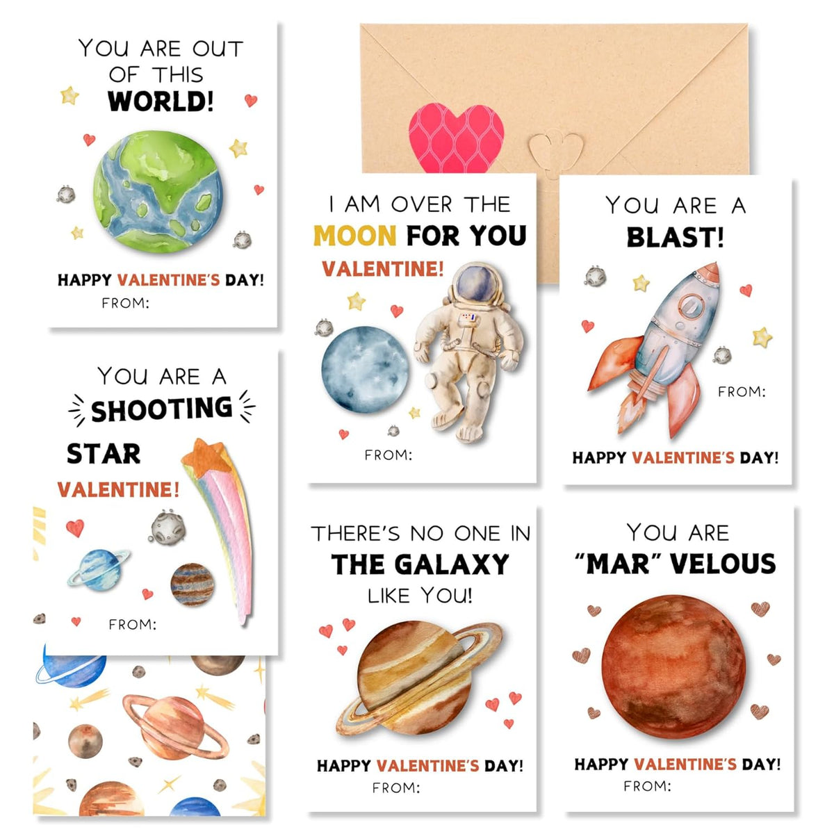Valentines Day Cards For Kids School - 48 Packs Space Valentine Cards Classroom For Boys & Girls Exchange - Class Valentine'S Card Bulks With Envelopes & Heart Stickers
