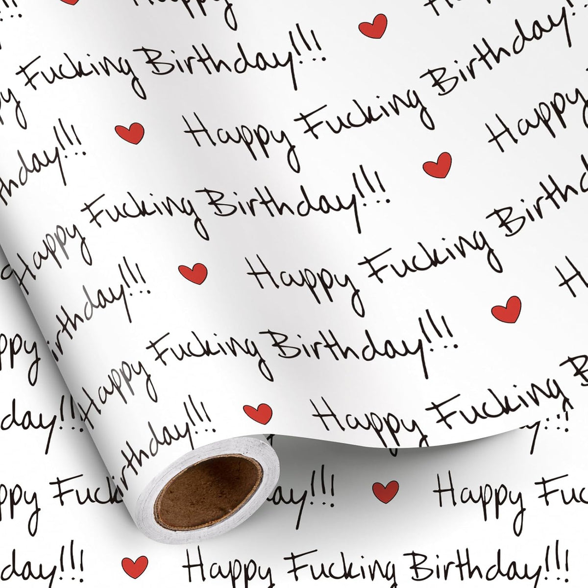 Funny Birthday Wrapping Paper Roll For Friends, Mini Roll, Black Happy Birthday Text With Red Hearts Gift Wrap Paper For Milestone Birthdays, 17 Inches X 16.4 Feet