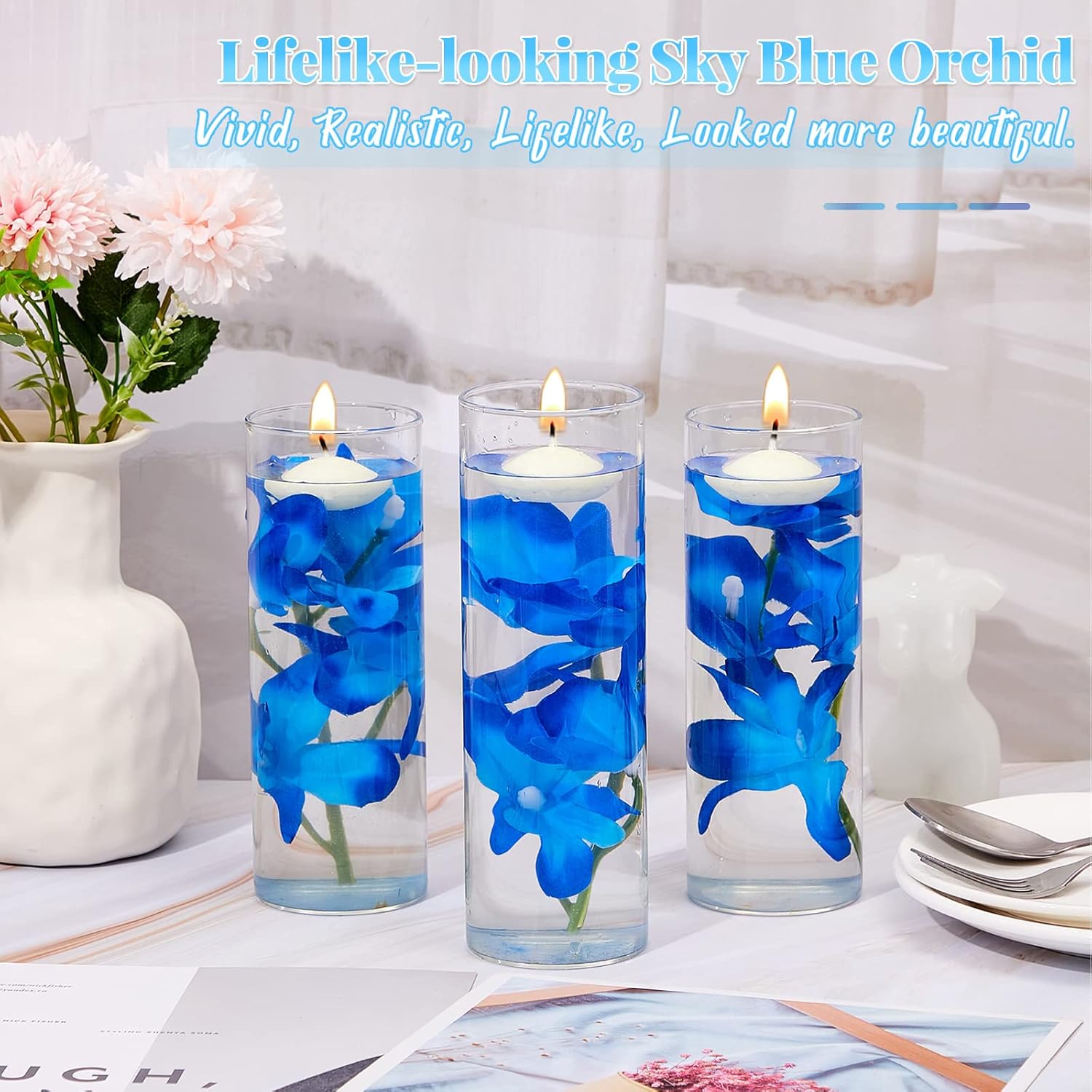 42 Pcs Blue Orchids Artificial Flower Vase Fillers For Floating Candles Wedding Table Centerpiece Blue Orchid And Unscented Floating Candles For Wedding Table Christmas Party Home Decoration