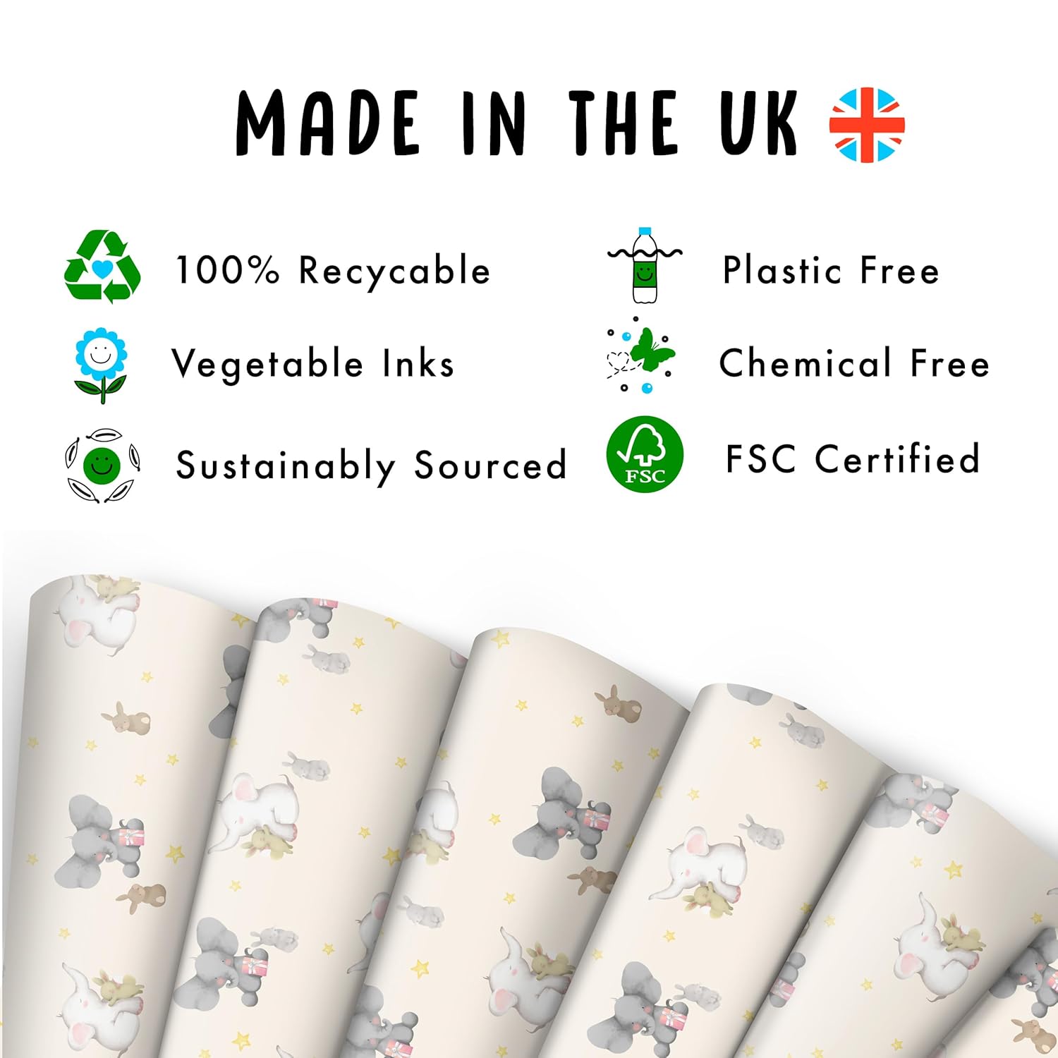 Elephants And Bunnies Wrapping Paper - 6 Sheet For Gift Wrap For Babies - Baby Shower - Christening - Baptism - Stars - Rabbit - Bunny - Made In The Uk