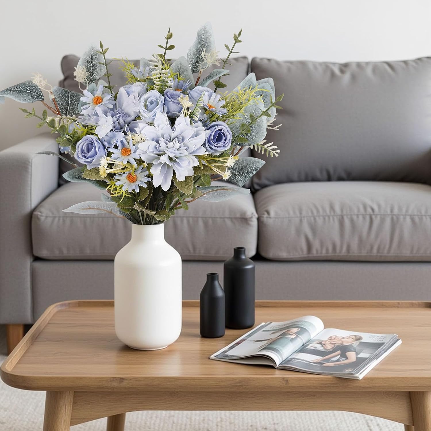 9 Pcs Artificial Flowers Blue Dahlia Bouquet With Eucalyptus Faux Silk Floral Arrangements For Home Decor Wedding Centerpiece Table Vase Farmhouse Decoration