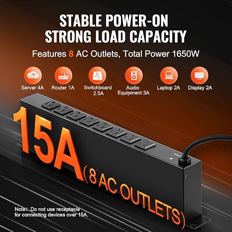 8 Outlet Horizontal 1U Rack Mount PDU Power Strip 15A 6Ft Cord