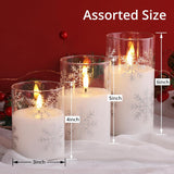 Clear Snowflakes Christmas Flameless Candles With Remote, Flickering Battery Led Pillar Candles Set Of 3