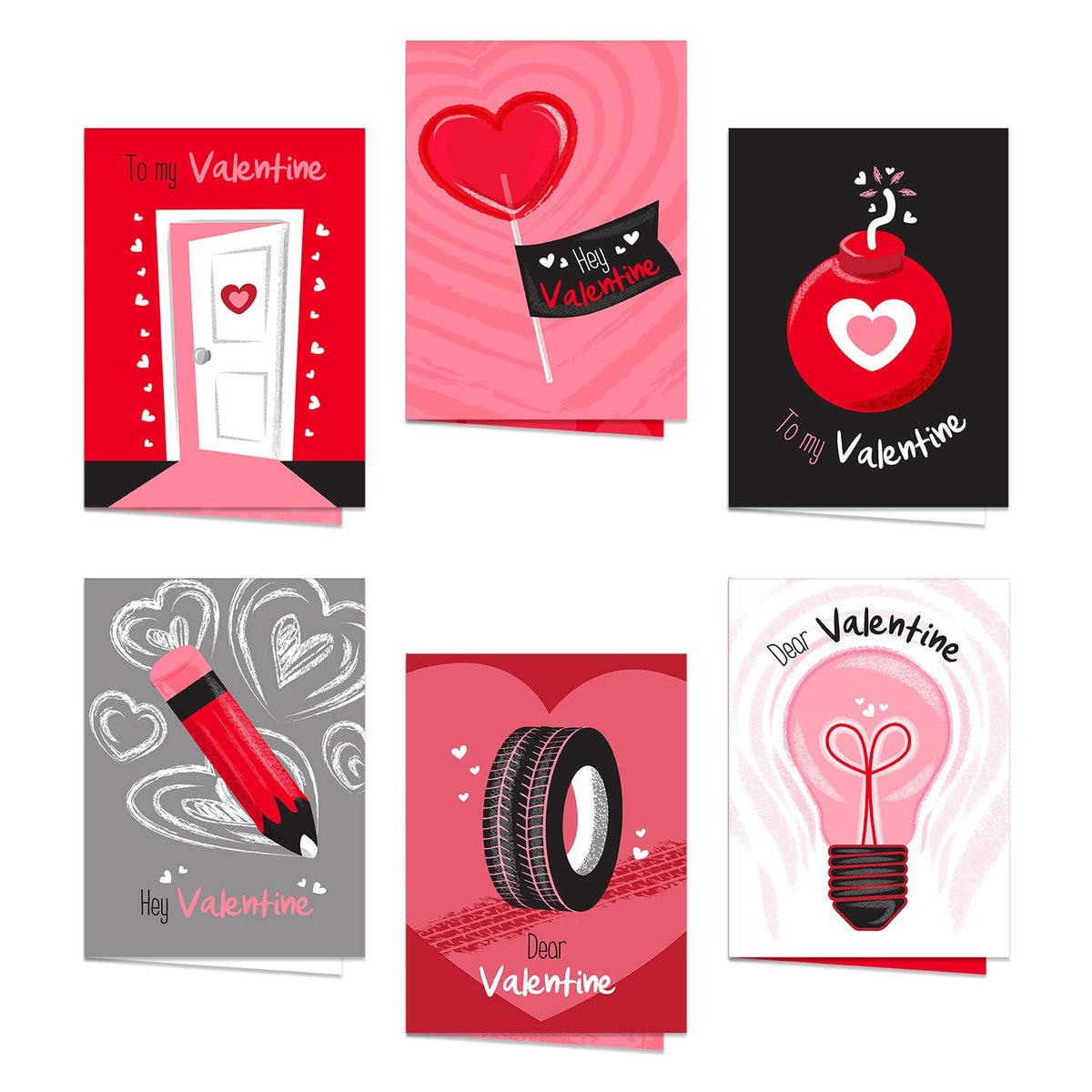 Illustrated Valentine'S Day Card Assortment / 12 Non-Romantic Valentine Friendship Cards With White Envelopes / 5" X 7" Funny Love Cards / 6 Heart Designs/Made In The Usa