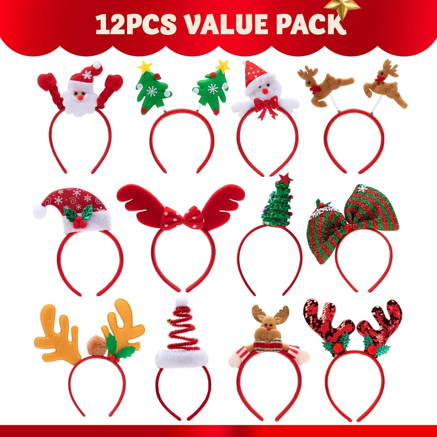 12 Packs Christmas Headbands With Assorted Design Christmas Headwear Holiday Headbands Accessories For Women Men Kids Christmas Parties Xmas Holiday Party Favors Photo Booth (One Size Fit All)