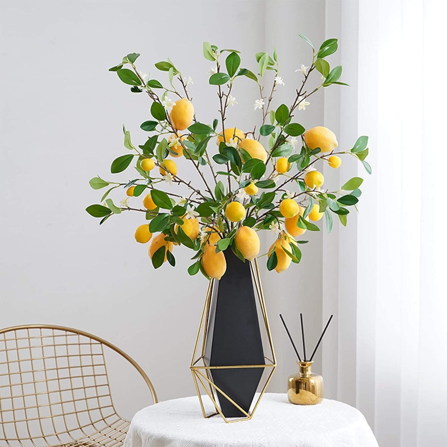 5Pcs Artificial Lemon Branches 68Cm Long Stem Yellow Lemons Picks With Green Leaves And Flowers, For Home Kitchen Farmhouse Table Centerpiece