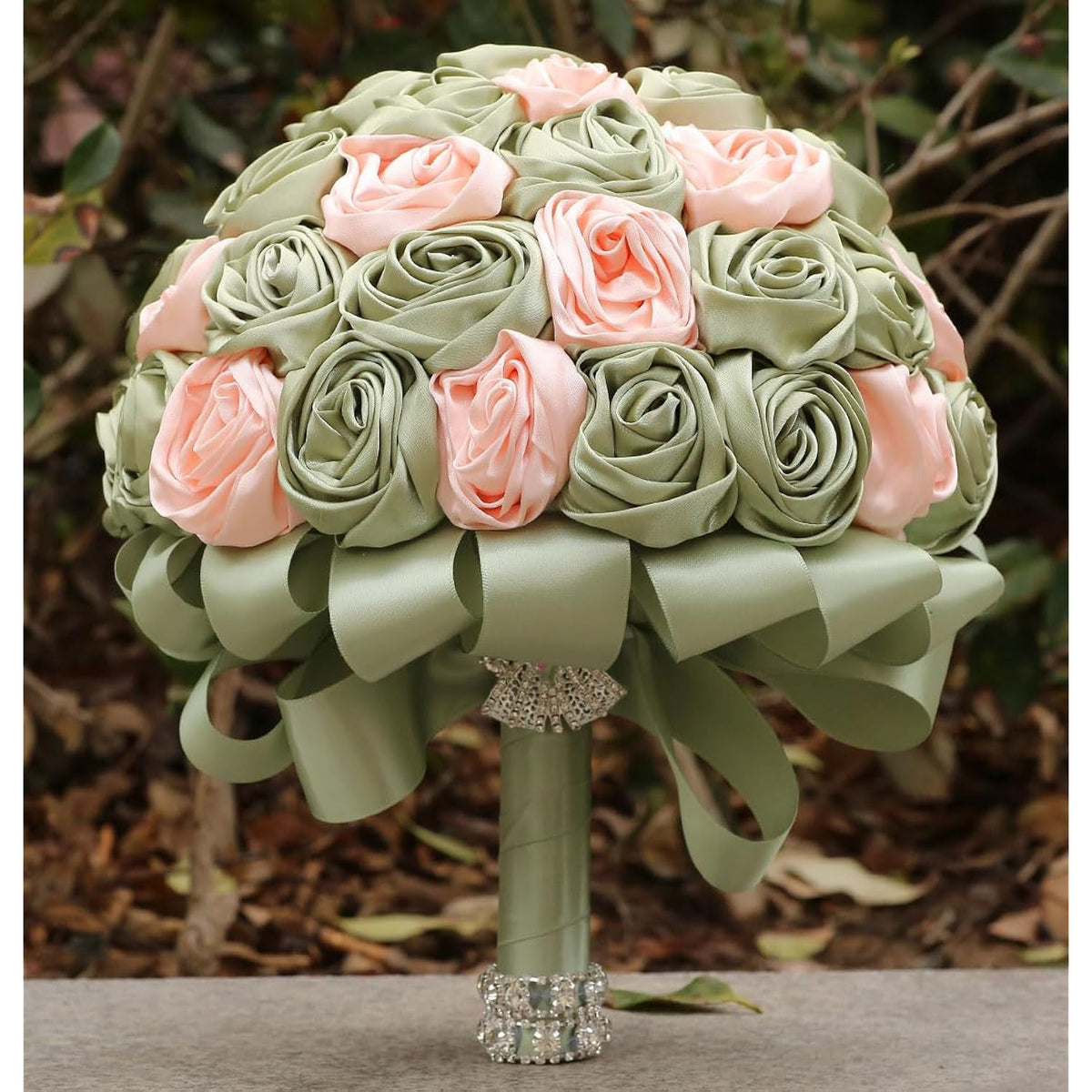 Handmade Wedding Flowers Bouquet Round Holding Bridal Bouquet Toss Artificial Rose Bunch For Bride Bridesmaid Wedding Quinceanera (Sage Green & Light Salmon Pink, 7.5")