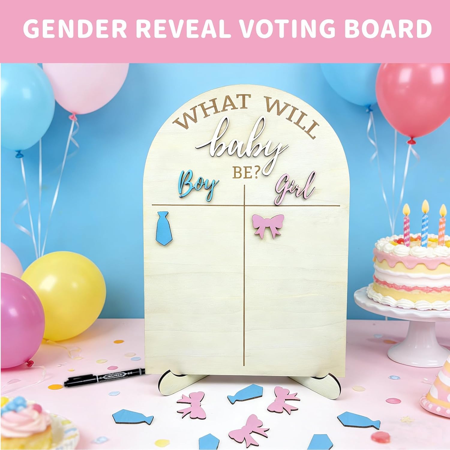 Wooden Baby Gender Reveal Voting Board, Gender Reveal Decorations With Stand - Boy Or Girl Guessing Game Sign - Cute Pink Bow & Blue Necktie Design Gender Reveal Games For Party Guests