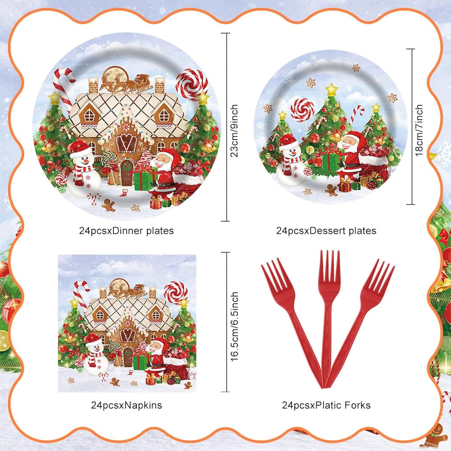 Christmas Santa Claus Gingerbread House Snowman Tableware Set 96 Pcs Disposable Plates Napkins Forks Winter Xmas Happy Birthday Merry Christmas Party Decorations Serve 24 Guests