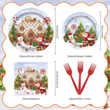 Christmas Santa Claus Gingerbread House Snowman Tableware Set 96 Pcs Disposable Plates Napkins Forks Winter Xmas Happy Birthday Merry Christmas Party Decorations Serve 24 Guests