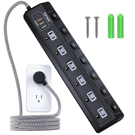 USB C Power Strip 6 Outlets 4 USB 70W Charging Station PD 20W 5FT Wall Mount
