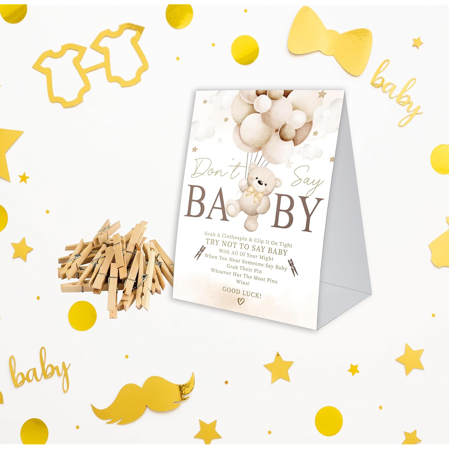 Don'T Say Baby Game For Baby Shower, 50 Wooden Clothespins And One Sign, Brown Boho Bear Theme, Pins For Baby Shower Decorations, Gender Reveal Games, Baby Shower Supplies-Bb35