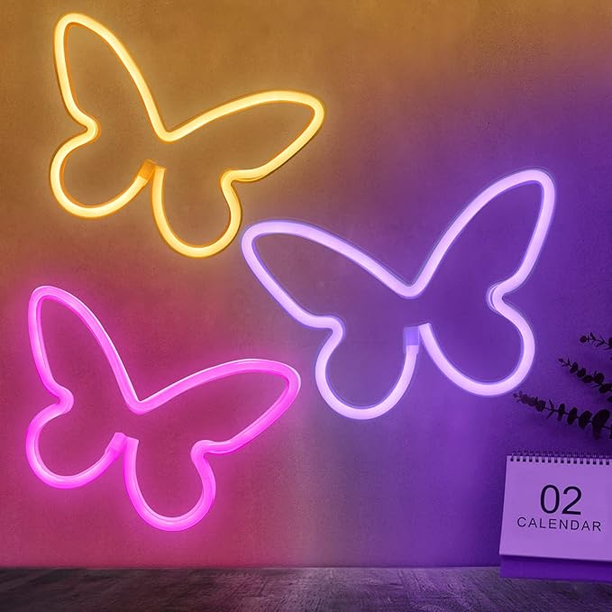3PCS Butterfly Neon Signs Pink Purple Warm White LED Wall Lights USB Battery Powered Decor