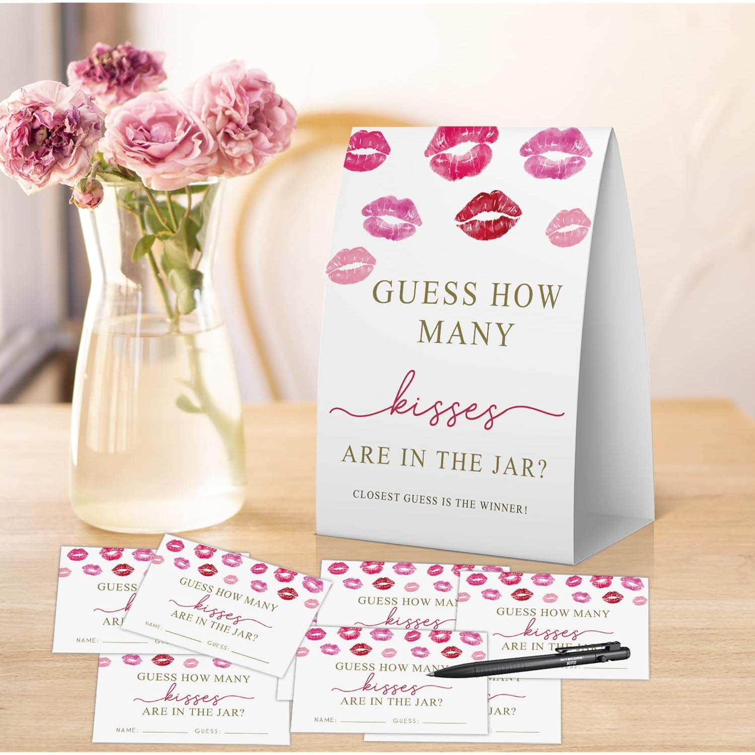 How Many Kisses Bridal Shower Game (1 Sign + 50 Cards), Pink Bridal Shower Games, Bachelorette Guessing Game, Kisses In The Jar Sign,Valentine'S Bridal Party Sign -Ghmk08