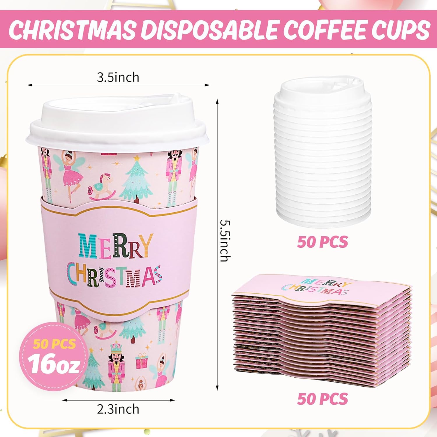 50Pcs Merry Christmas Disposable Coffee Cups With Lids And Sleeves Pastel Pink Nutcracker Paper Drinking Cup For Xmas Birthday Party Supplies