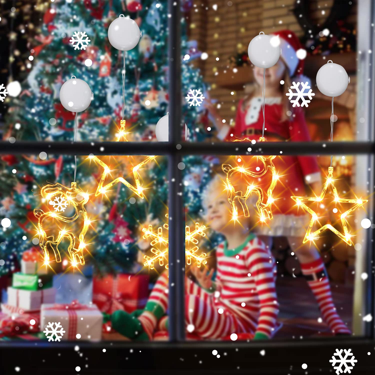 3Pcs Christmas Window Lights, Christmas Window Decorations Battery Powered Hanging Christmas Lights Snowflake & Star & E