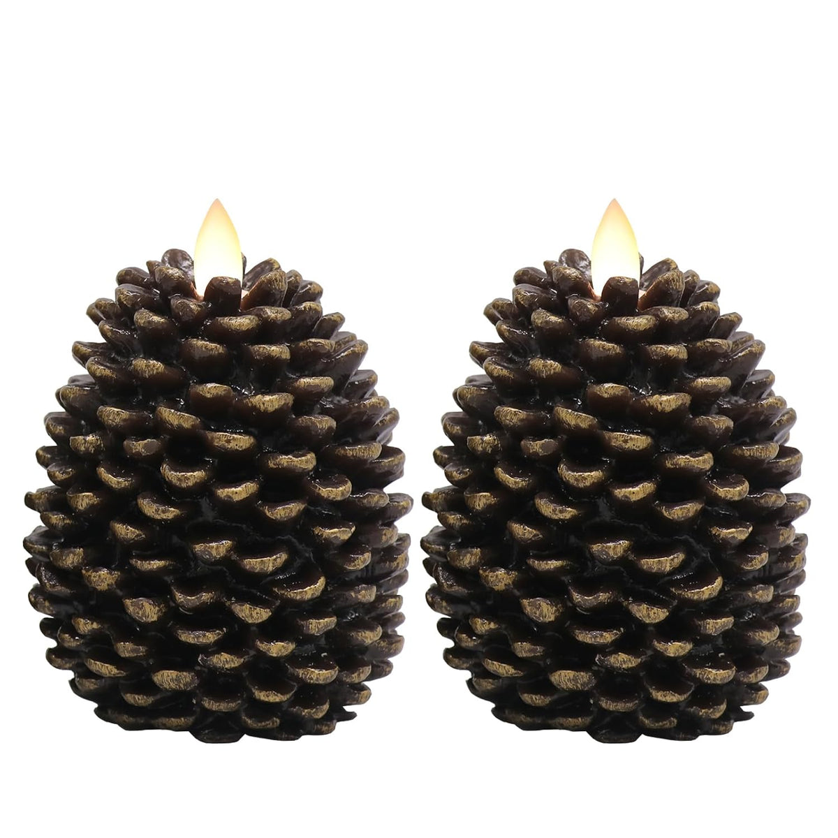 Pine Cone Flameless Candles Battery Operated With 6 Hour Timer Unscented Real Wax Flat Wick Flickering Pinecone Led Candles Christmas Home Holiday Decoration(2 Pack Brown)