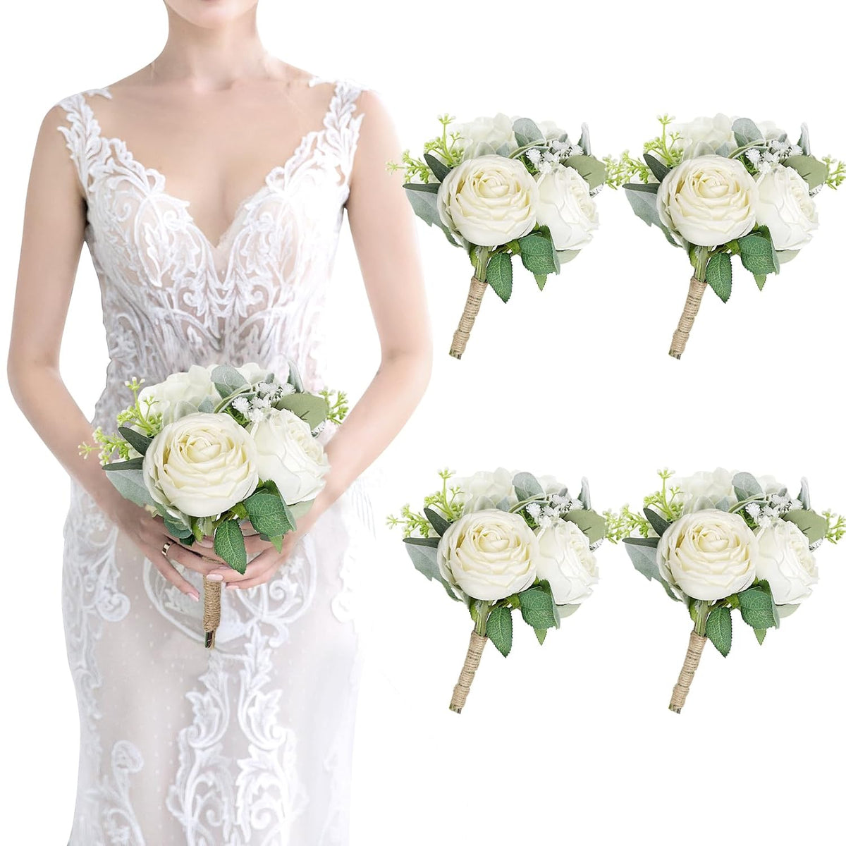 Bridesmaid Bouquets - Set Of 4 Ivory White Artificial Flowers Bouquet Wedding Rustic Small Floral Centerpieces For Marriage Proposal Party Anniversary Dining Table Decorations