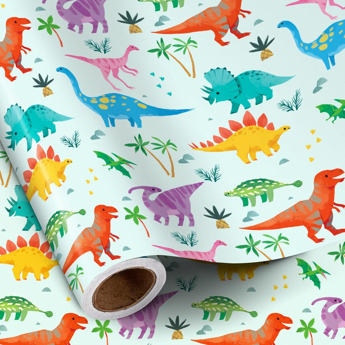 Dinosaur Wrapping Paper Roll For Boys, Mini Roll, Colorful Dinosaur Gift Wrap With Palm Tree And Footprint Design, Perfect For Kids' Birthday, Dino Party, Baby Shower, 17 Inches X 16.4 Feet