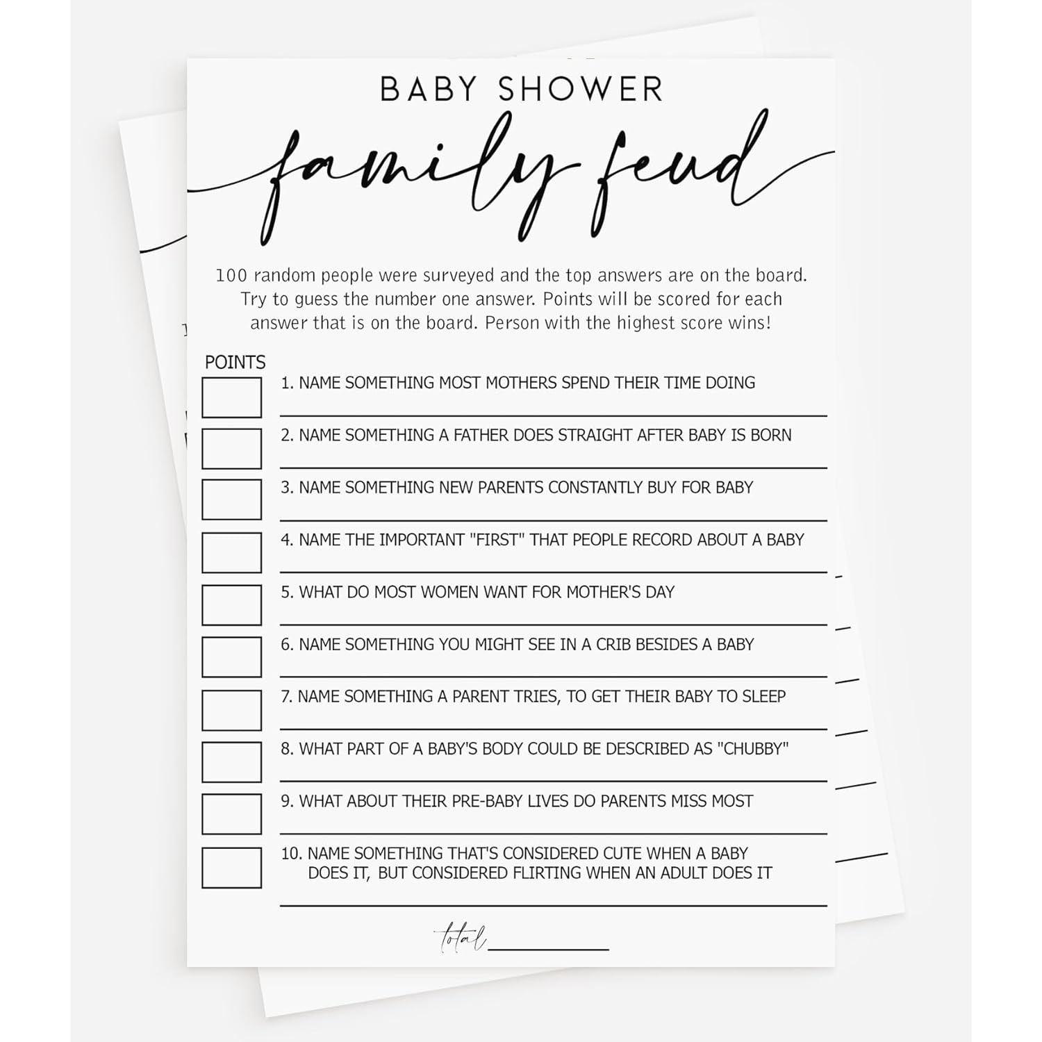 50 Baby Shower Family Feud (50-Cards) Fun Baby Shower Game Activity, Gender Neutral Boy Or Girl, Minimalist Script