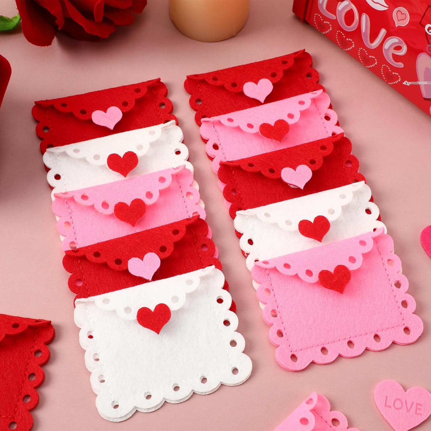 Valentine'S Day Felt Envelope Bulk, 24-Pack Heart Love Envelopes, Mini Table Scatter Decor For Wedding Party Anniversary