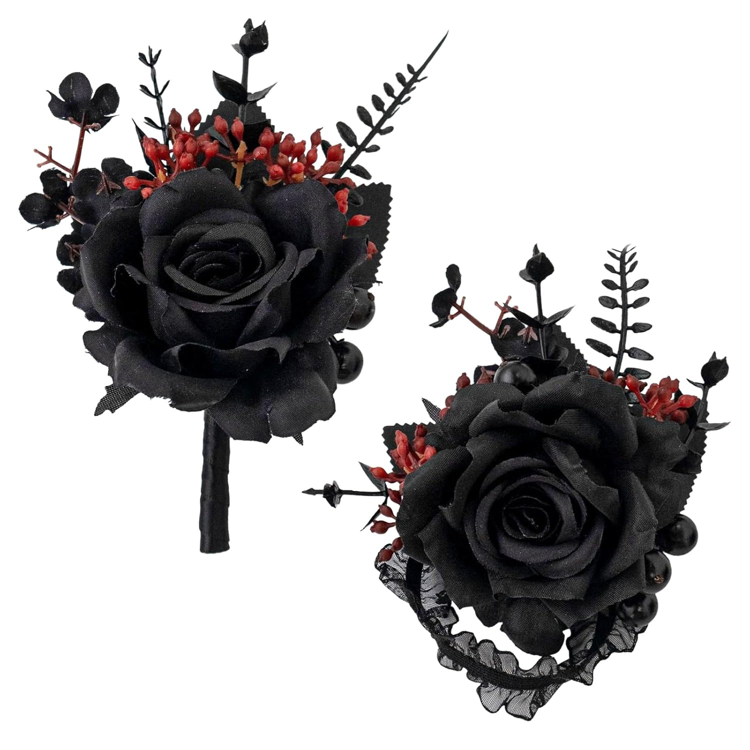 Black Wrist Corsage And Boutonniere Set Gothic Flowers Bouquet For Wedding Flower Accessories Prom Suit Decorations-Black And Red