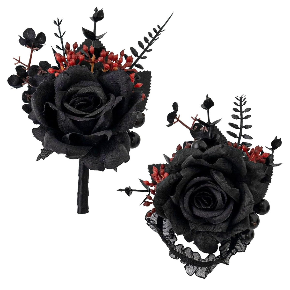 Black Wrist Corsage And Boutonniere Set Gothic Flowers Bouquet For Wedding Flower Accessories Prom Suit Decorations-Black And Red