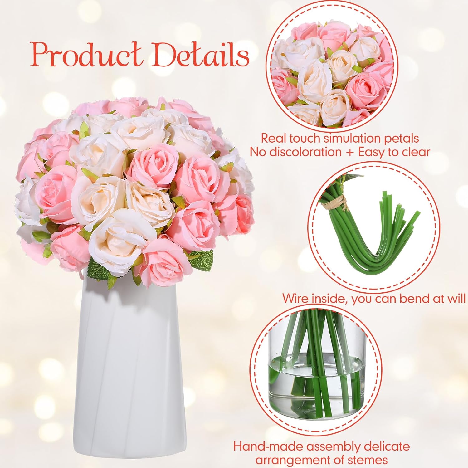 96 Heads 8 Bouquets Artificial Rose Flowers Bouquet Flower Roses With Stems Fake Roses Wedding Floral Arrangements Centerpiece For Home Table Bridal Party Decor, Champagne And Pink